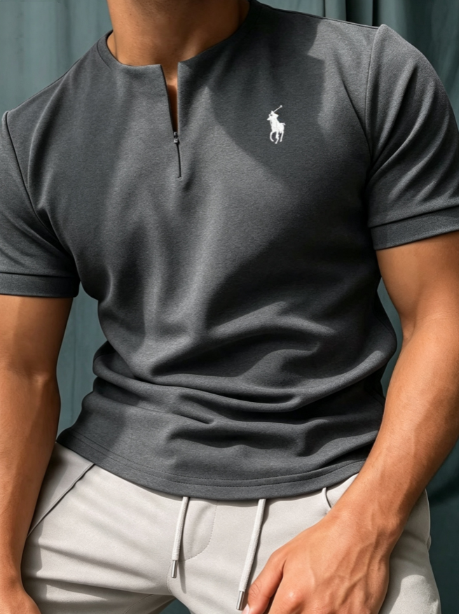 Bestseller! Signature Embroidery Zipper Neck Men's T-Shirt